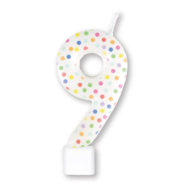 Colorful #9 rainbow dots candle, 8cm tall, perfect for birthdays and celebrations, adds joy to cakes and parties.