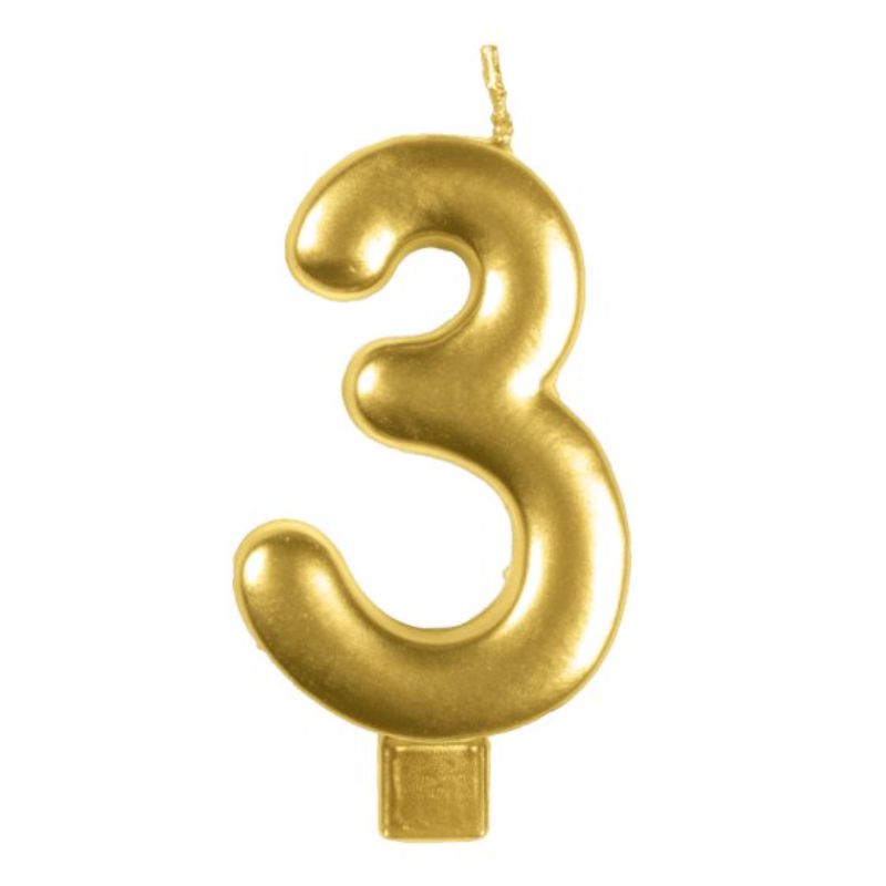 Gold #3 numeral candle, 8cm tall, perfect for birthdays and celebrations, adds elegance to any cake design.