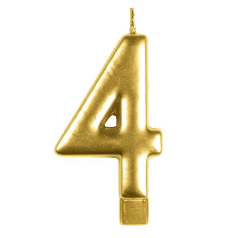 Elegant gold numeral candle #4, perfect for birthdays and celebrations, measuring 8cm and safe for use.