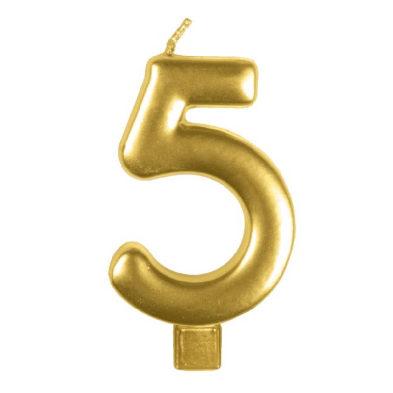 Elegant gold #5 numeral candle, 8cm tall, perfect for birthdays and special occasions, adds charm to cake displays.