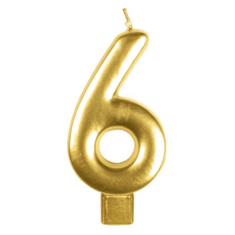 Gold #6 numeral candle, 8cm tall, perfect for birthdays and special occasions, adding elegance to cake decorating.