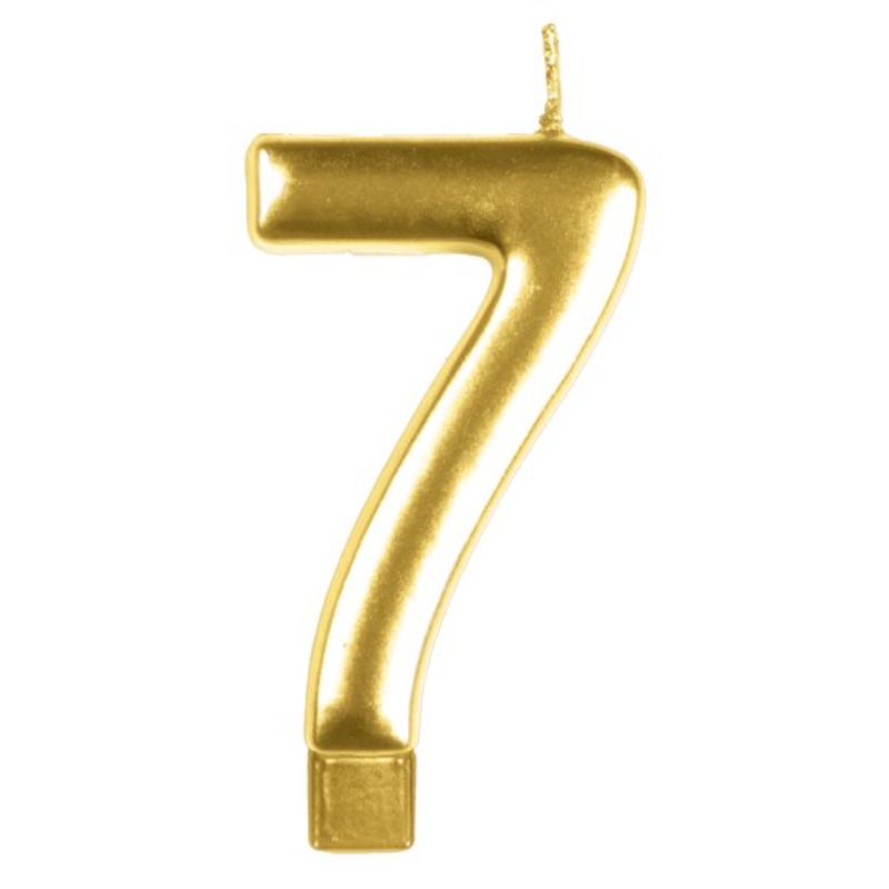 Gold #7 numeral candle, 8cm tall, perfect for birthdays and anniversaries, adding luxury to your cake decor.