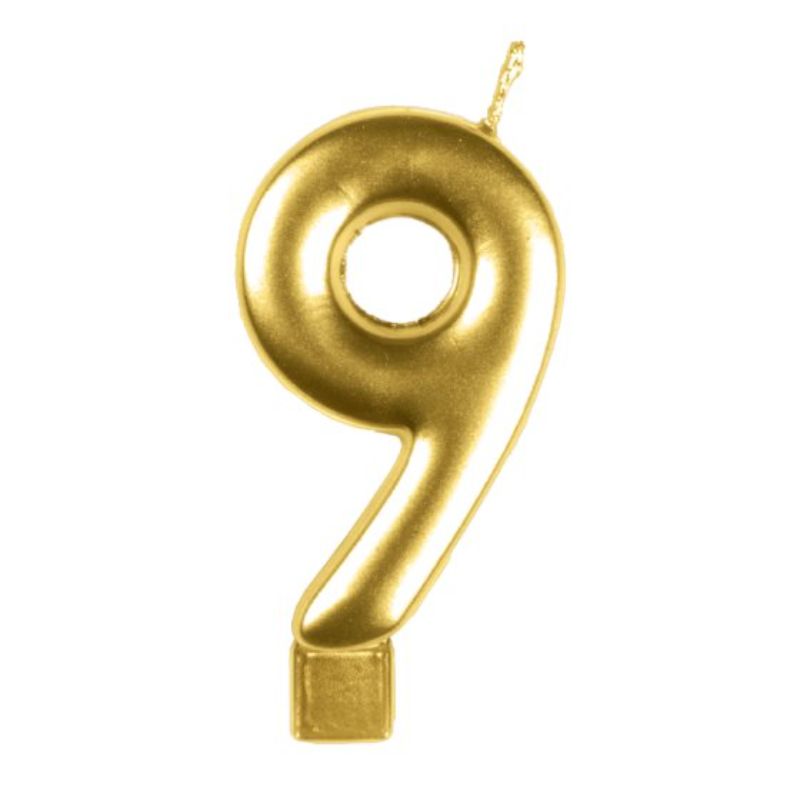 Elegant gold numeral candle #9, 8cm tall, perfect for birthdays and celebrations, adds luxury to any cake.