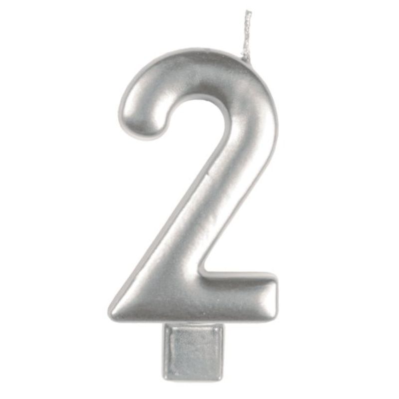 Silver numeral candle #2, 8cm tall, adds elegance to birthday cakes and celebrations with a delightful glow.