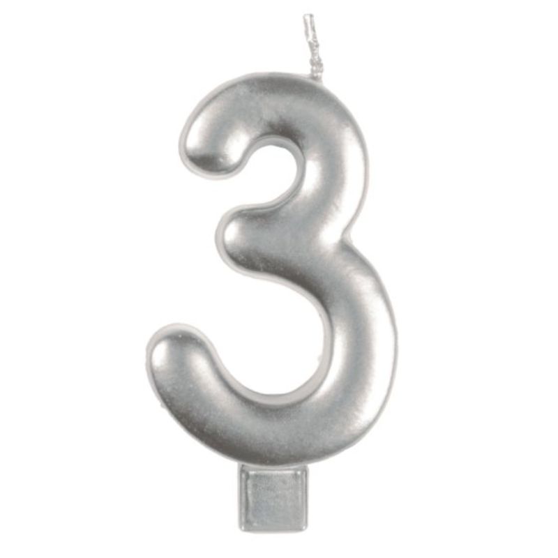 Elegant silver #3 numeral candle, 8cm, perfect for birthdays and anniversaries, burns cleanly, highlights your celebration.