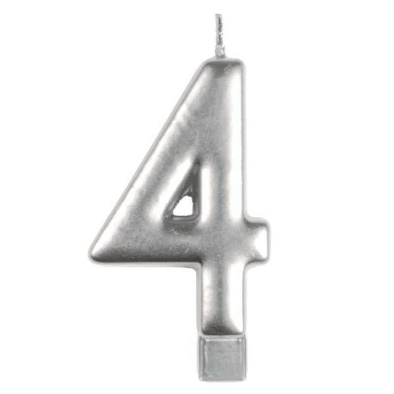 Elegant silver numeral candle #4, measuring 8cm, perfect for birthdays and celebrations, adding sophistication to cakes.