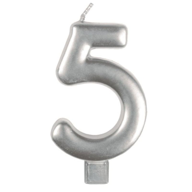 Elegant silver numeral candle #5, 8cm tall, perfect for milestone birthday or anniversary cake celebrations.