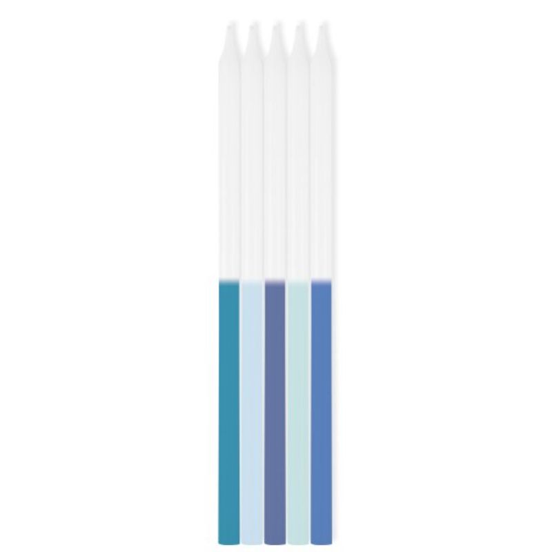 Pack of 10 blue ombre taper candles, each 12cm, elegantly designed for home decor and special events.