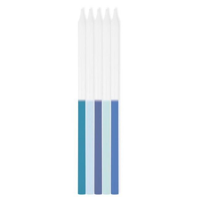 Pack of 10 blue ombre taper candles, each 12cm, elegantly designed for home decor and special events.