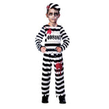 Zombie convict costume for boys aged 7-8, featuring a creepy top, trousers, and hat with blood splatter effects.