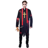 Adult large Zombie Vicar costume featuring a tattered clerical shirt, distressed collar, and realistic zombie makeup guide.