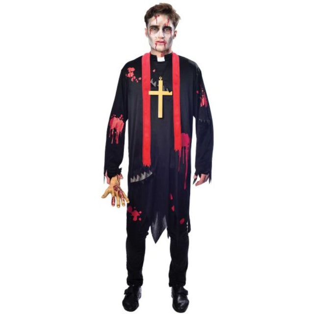 Adult large Zombie Vicar costume featuring a tattered clerical shirt, distressed collar, and realistic zombie makeup guide.