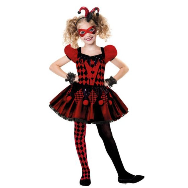 Colorful Harlequin Cutie costume for girls, featuring a dress, cuffs, headband, and mask for imaginative play and parties.