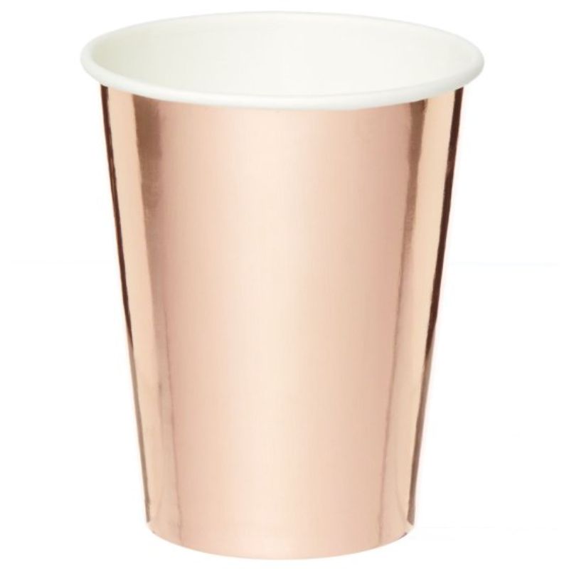 Rose gold paper cups, 250ml, pack of 8, perfect for stylish celebrations and eco-friendly gatherings.