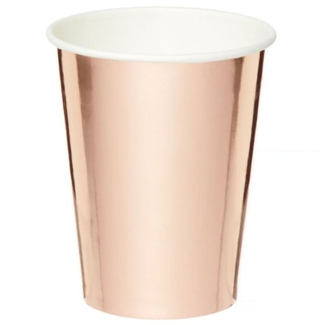 Rose gold paper cups, 250ml, pack of 8, perfect for stylish celebrations and eco-friendly gatherings.