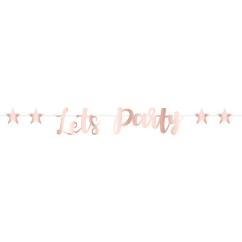 Rose gold metallic "Let's Party" banner, 1.8m long, perfect for adding elegance to celebrations and enhancing festive atmospheres.