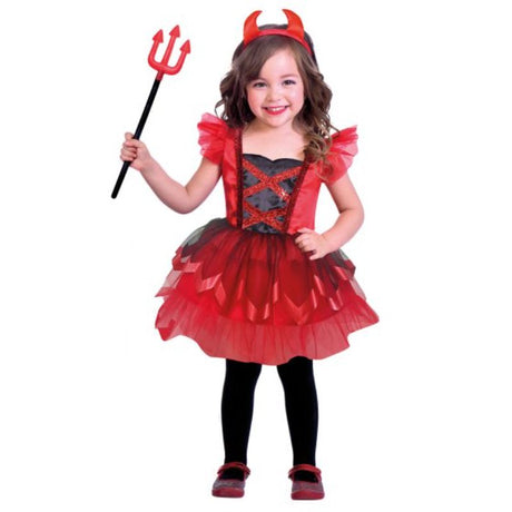 Adorable little devil costume for girls 12-24 months, featuring a playful dress and charming headband for Halloween fun.