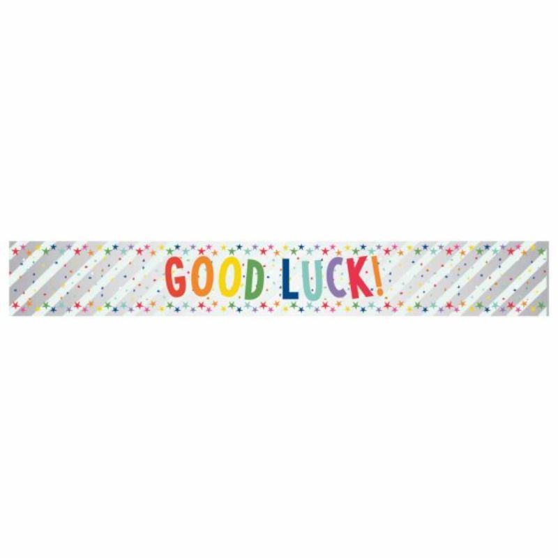 Vibrant 2.7m multi-coloured foil banner displaying "Good Luck" for festive celebrations and events, indoors or outdoors.