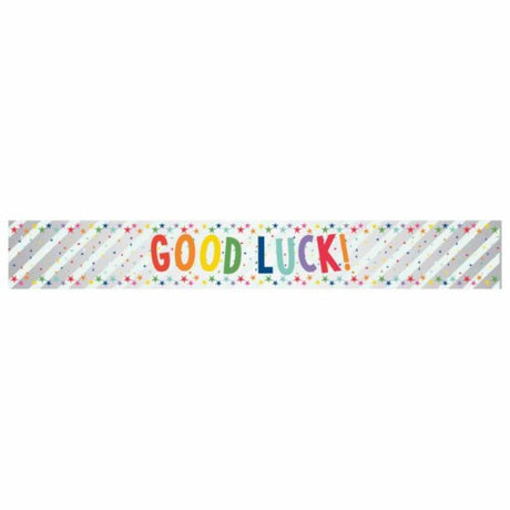 Vibrant 2.7m multi-coloured foil banner displaying "Good Luck" for festive celebrations and events, indoors or outdoors.