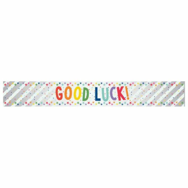 Vibrant 2.7m multi-coloured foil banner displaying "Good Luck" for festive celebrations and events, indoors or outdoors.