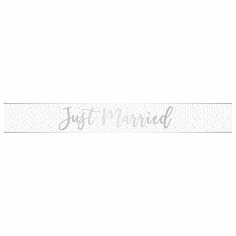 Just Married Silver Foil Banner, 2.7m long, elegant decoration for weddings and events, versatile and eye-catching.