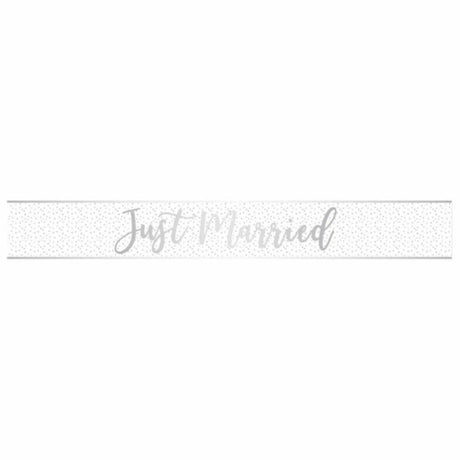 Just Married Silver Foil Banner, 2.7m long, elegant decoration for weddings and events, versatile and eye-catching.