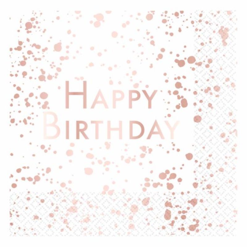 Elegant rose gold "Happy Birthday" napkins, pack of 16, perfect for birthday celebrations and stylish table decor.