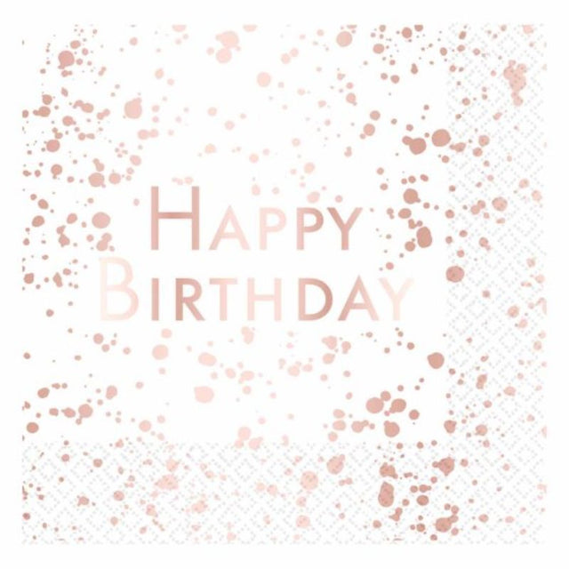 Elegant rose gold "Happy Birthday" napkins, pack of 16, perfect for birthday celebrations and stylish table decor.