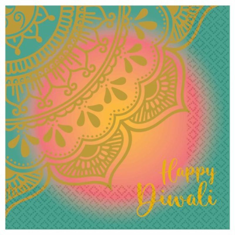 Vibrant pack of 16 Diwali-themed lunch napkins featuring festive motifs for elegant dining and practical use.