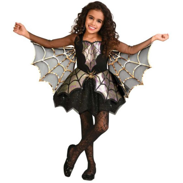 Vibrant iridescent Spider Girl costume for ages 12-14, featuring a dress with attached wings for superhero play and fun.