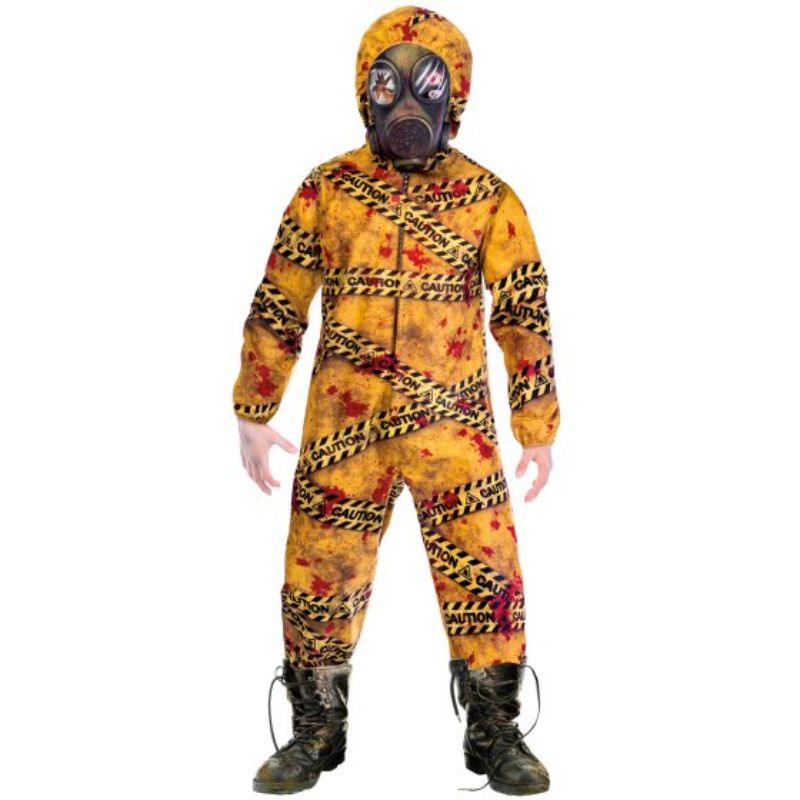 Costume for ages 12-14 featuring a detailed zombie jumpsuit and mask for Halloween parties and trick-or-treating.