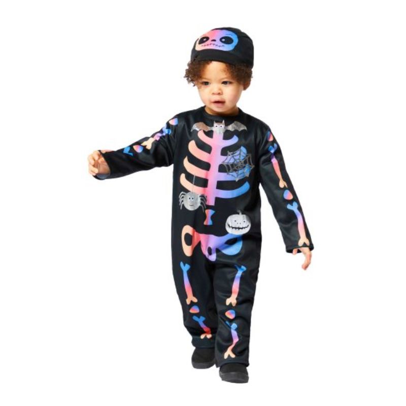 Toddler girl's ombre skeleton costume with purple, blue, and black design, includes top, trousers, and headpiece for Halloween fun.