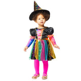 Vibrant rainbow witch costume for girls aged 3-4, featuring a colorful dress and matching hat for dress-up fun.