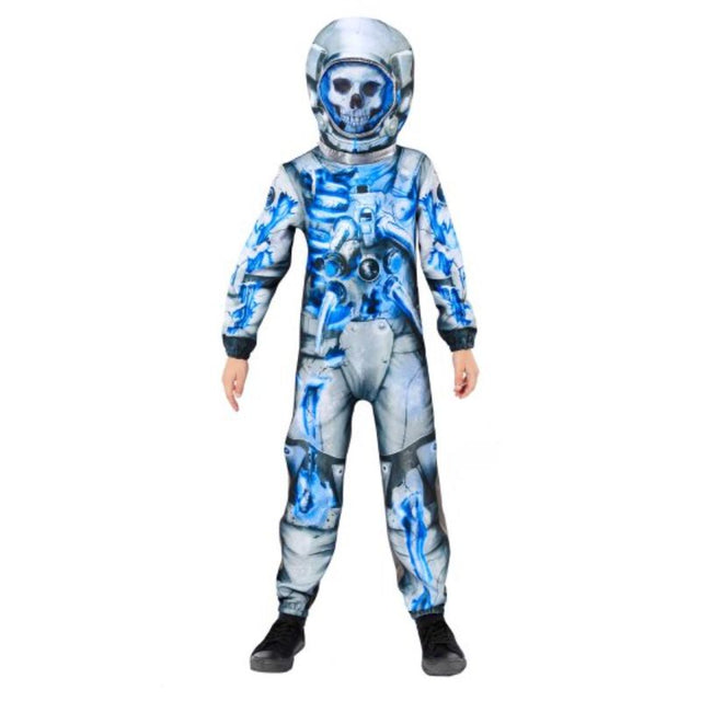 Child in a skeleton astronaut costume, featuring a jumpsuit with skeleton print and a detailed mask, ready for Halloween fun.