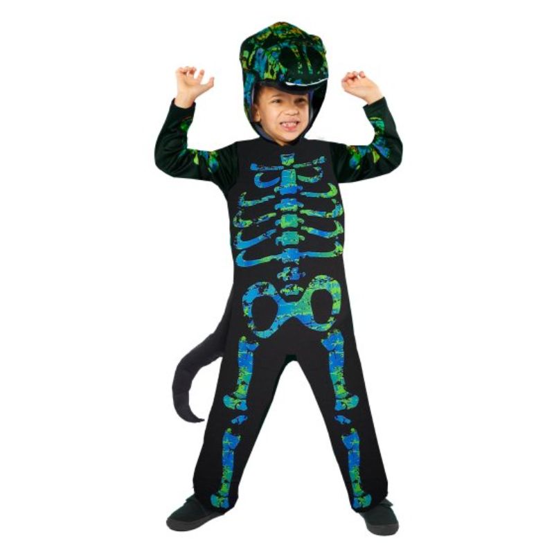 Vibrant skeleton dino costume for kids, featuring a jumpsuit and headpiece, perfect for Halloween and imaginative play.