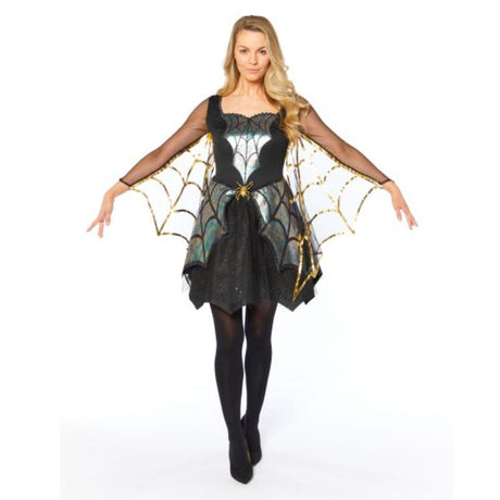 Iridescent women's spider costume in size 16-18 with dress, tights, and wings for Halloween or themed events.