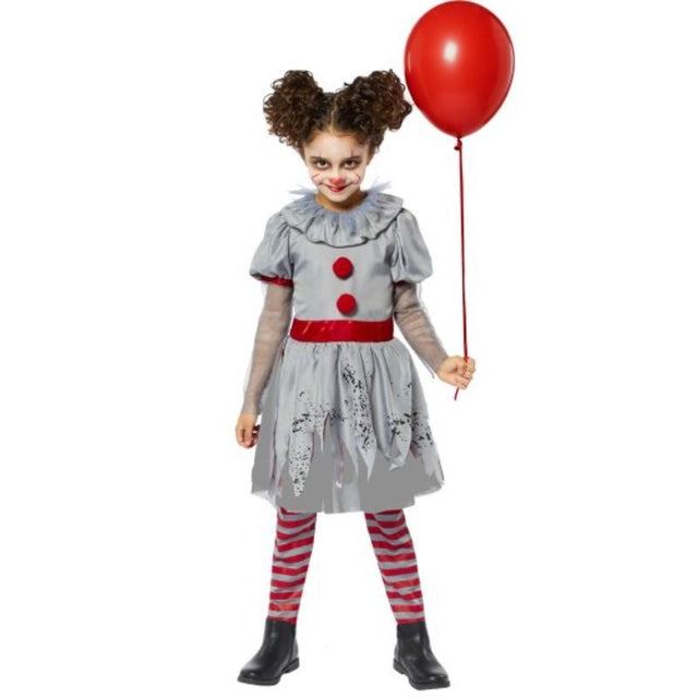 Vibrant Bad Clown costume for girls aged 10-12, featuring whimsical top, flouncy skirt, quirky belt, and colorful leggings.