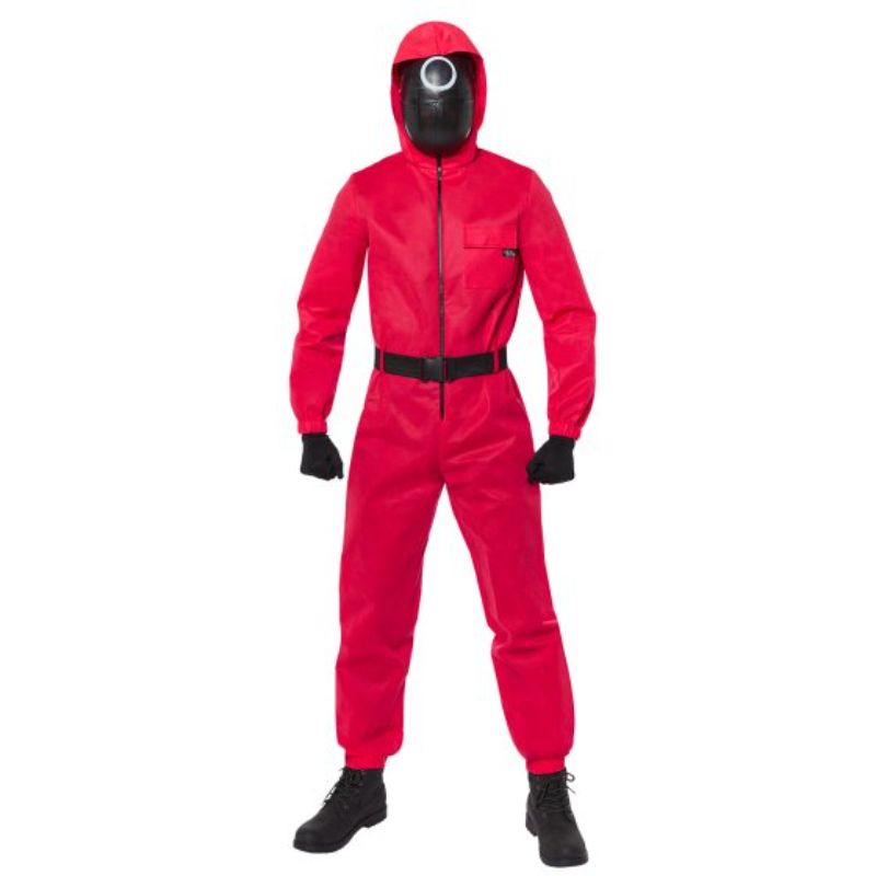 Deluxe XS Squid Game Guard costume featuring a hooded jumpsuit, belt, three masks, and black gloves for cosplay events.