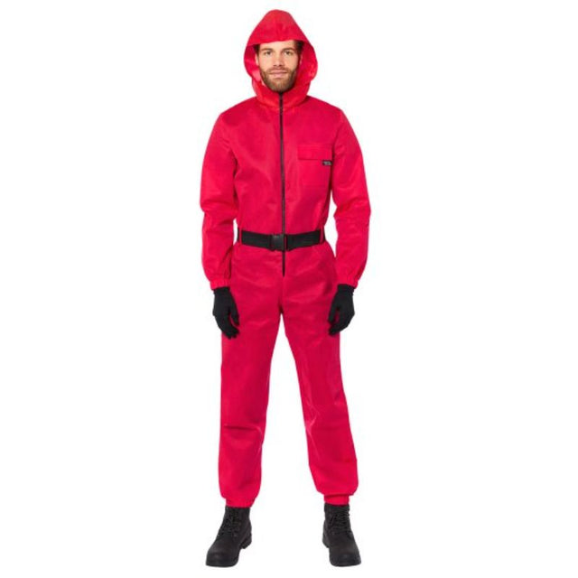 Red hooded jumpsuit costume inspired by Squid Game guards, featuring a distinctive emblem and comfortable fit in XS size.