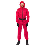 Red hooded jumpsuit with belt, inspired by 'Squid Game' guards, perfect for cosplay and Halloween events.