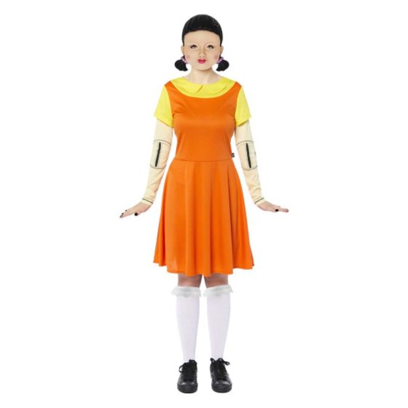 Costume Squid Game Doll for women sized 6-8, featuring a vibrant dress, mask, and long socks for Halloween or cosplay.