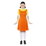 women's 'Squid Game' doll costume in size 8-10, featuring a dress, mask, and long socks for Halloween or cosplay.