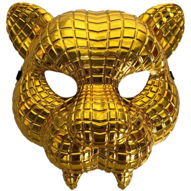 Gold leopard mask inspired by Squid Game, perfect for cosplay and costume parties, featuring a stunning design and luxurious finish.