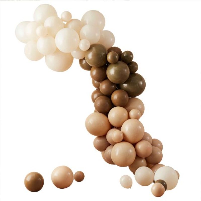 Balloon arch kit in taupe, brown, and peach hues, perfect for events with 70 high-quality assorted balloons and assembly supplies.