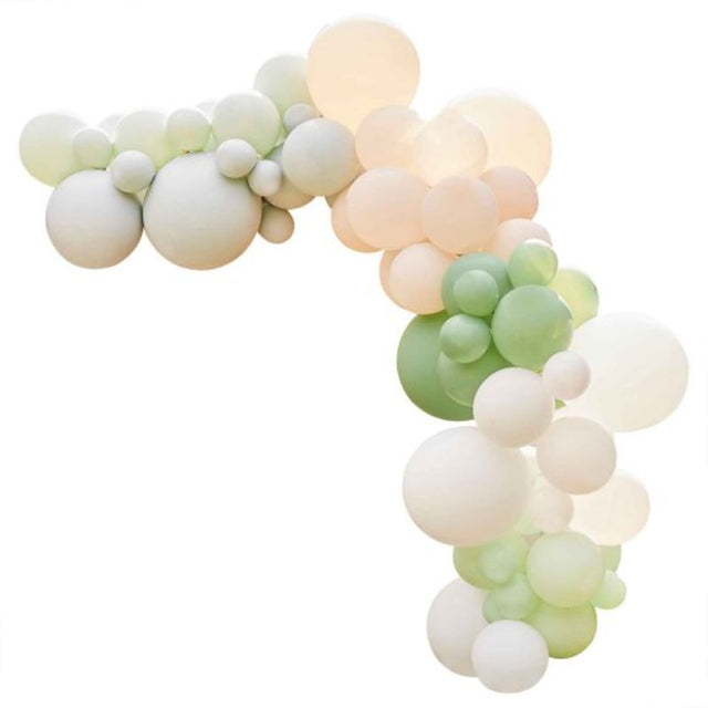 Elegant Balloon Arch Sage kit with assorted sizes, including white, nude, and sage balloons, perfect for celebrations.