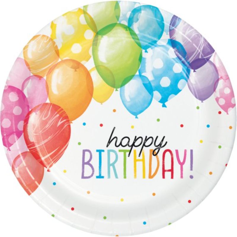 Vibrant 22cm paper dinner plates featuring a fun balloon design, perfect for birthday celebrations and easy cleanup. Pack of 8.