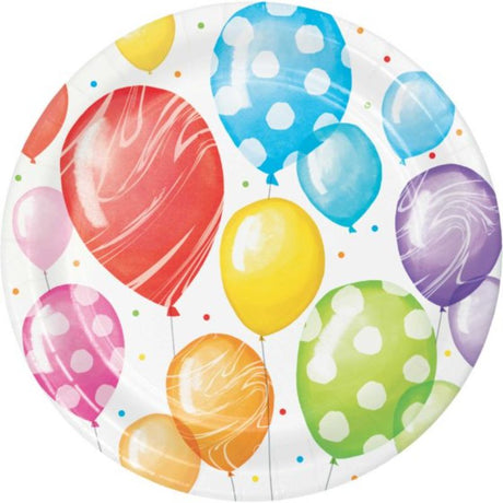 Vibrant 18cm paper birthday plates featuring colorful balloon designs, perfect for serving meals at celebrations. Pack of 8.