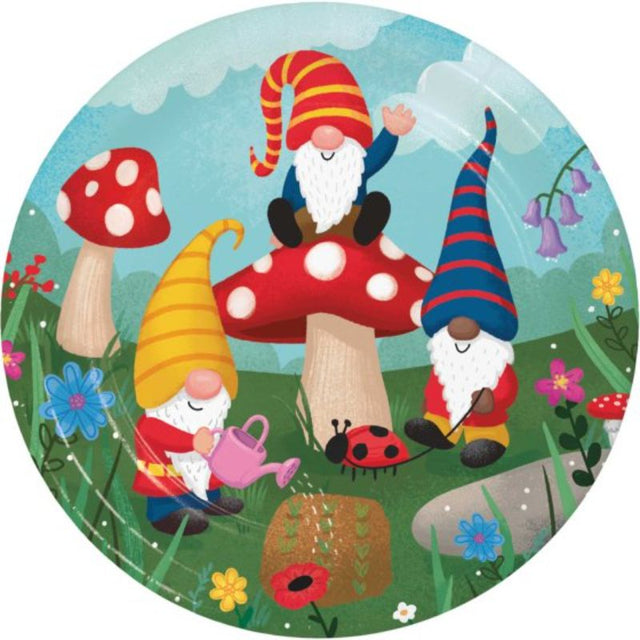 Whimsical 22cm Party Gnomes paper plates, pack of 8, perfect for kids' parties and easy cleanup.