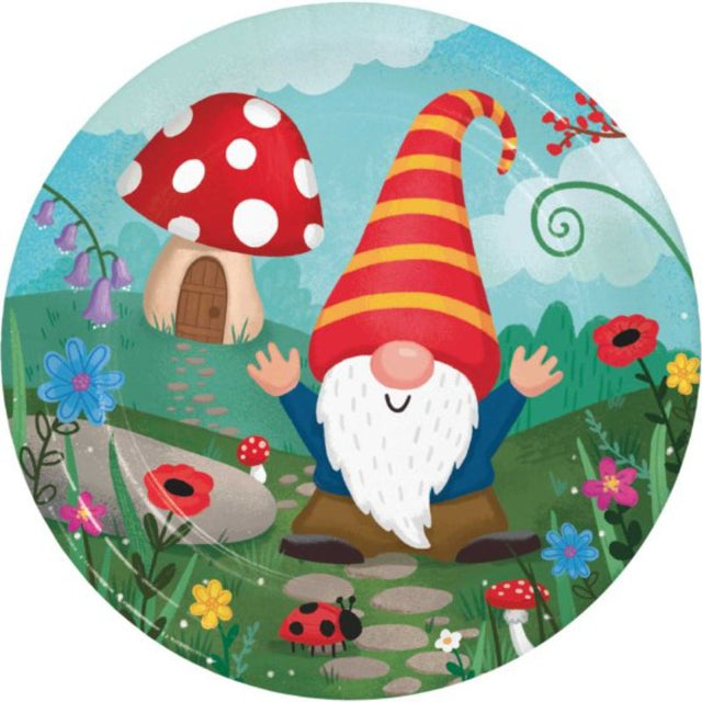 Colorful 18cm paper lunch plates featuring charming gnome designs, perfect for festive gatherings and easy clean-up. Pack of 8.