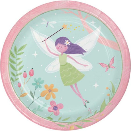 Enchanting pack of 8 Fairy Forest plates, featuring vibrant woodland illustrations, perfect for magical celebrations.